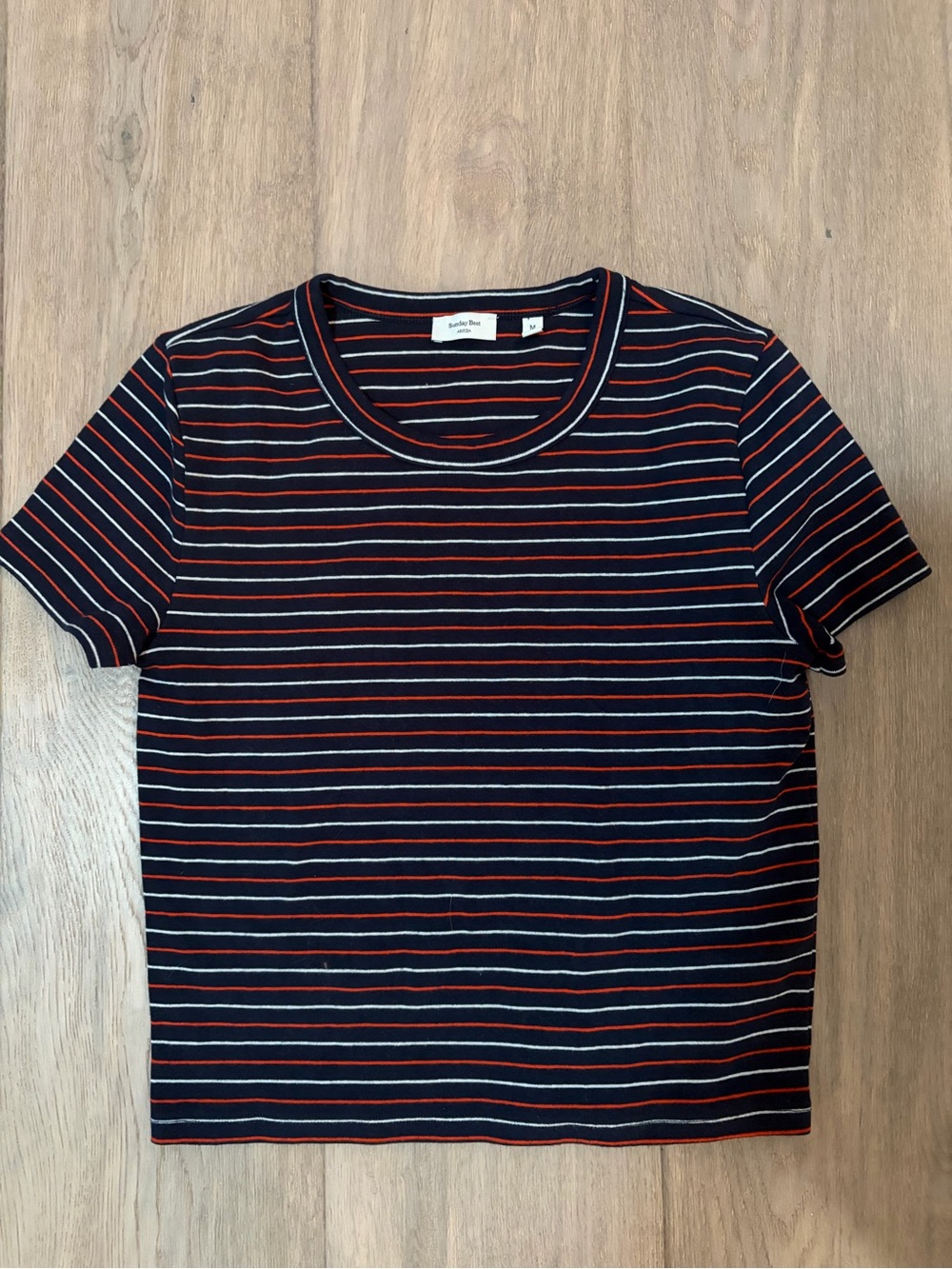 Sunday Best Navy Short-Sleeve Striped Tee with Red & White Lines